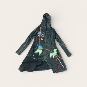 Rising International Black Hooded Floral Embroidered Coat